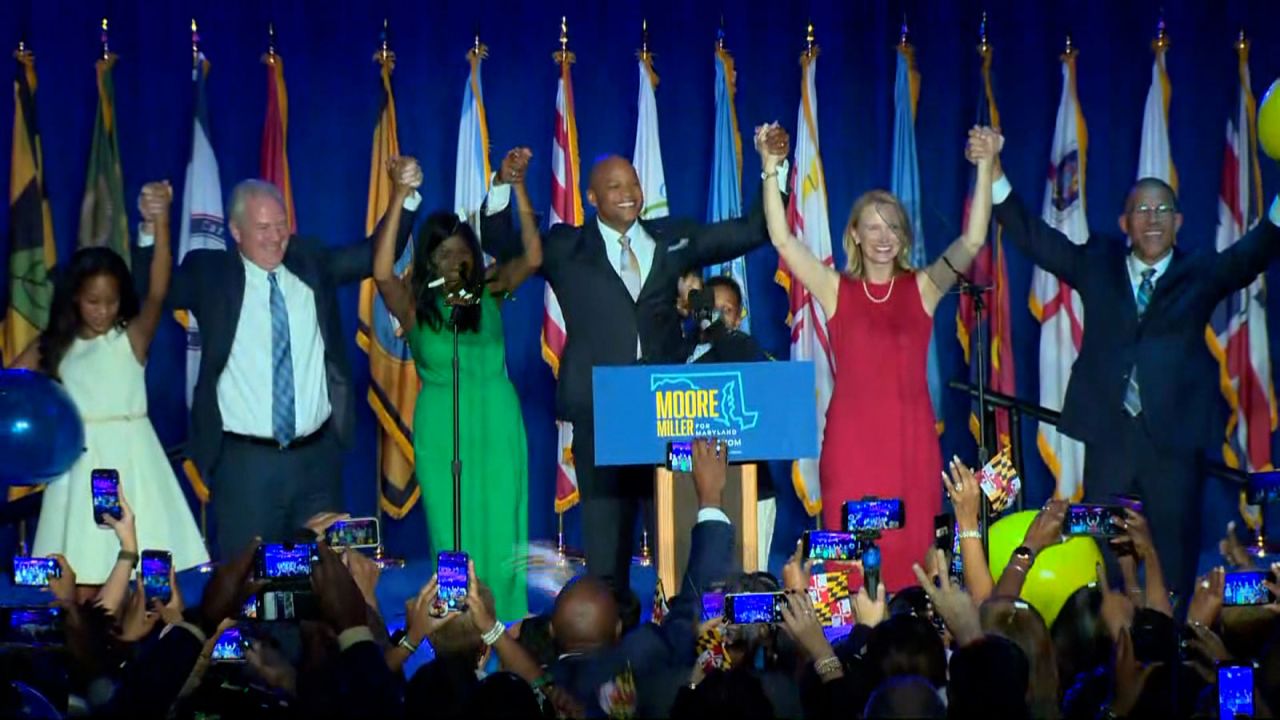 Wes Moore and running mate Aruna Miller celebrate at an election night party. 