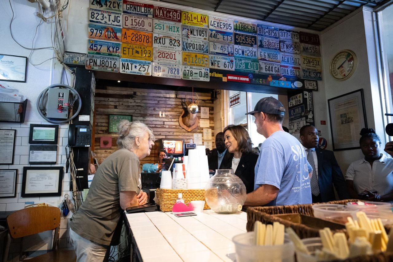 Vice President Kamala Harris visits Sandfly Bar-B-Q restaurant in Savannah, Georgia, on August 28.