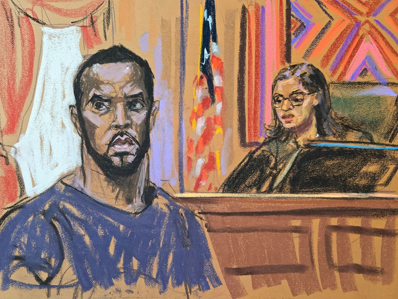 Sean "Diddy" Combs stands before US Magistrate Judge Robyn Tarnofsky in federal court in New York on Tuesday. 