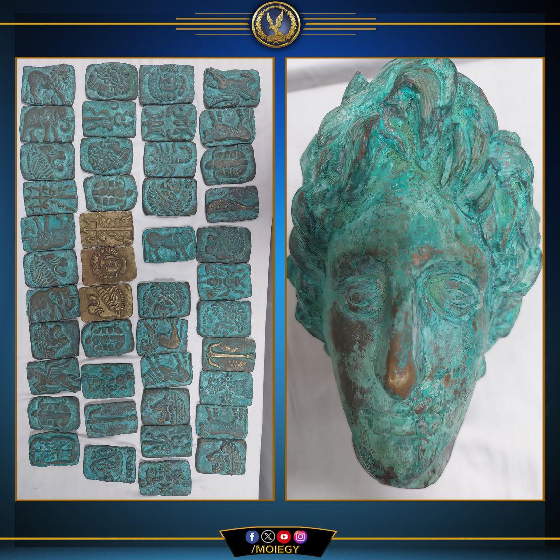 Egyptian authorities said that nearly 450 objects had been seized, including ancient coins and statue heads.