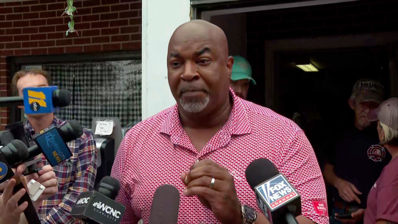 North Carolina gubernatorial candidate Mark Robinson talks to the media outside a campaign event in Boone, North Carolina, on Monday.