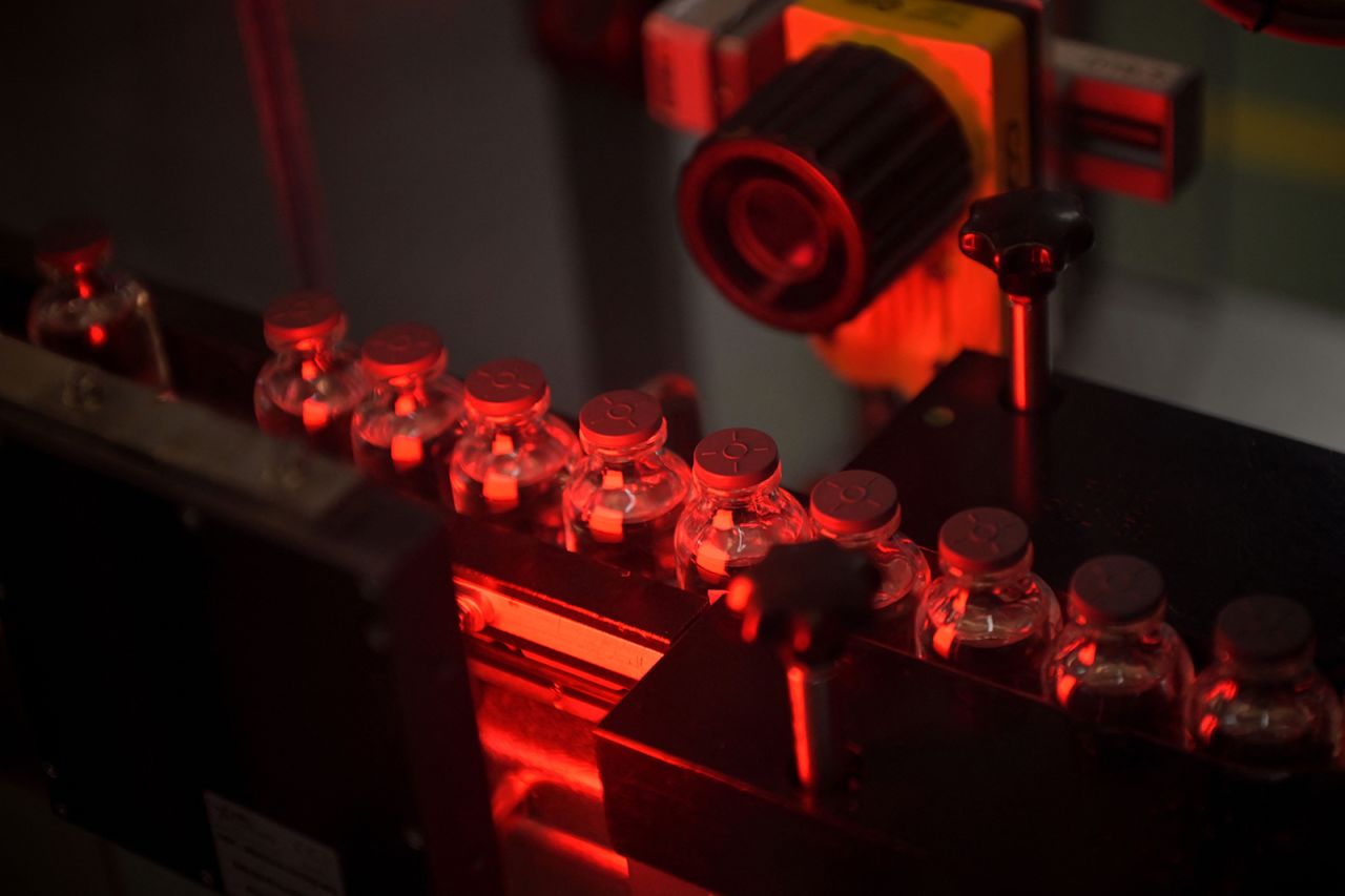 Vials of the Moderna Covid-19 vaccine are produced at a Recipharm plant in Monts, France, on April 22.