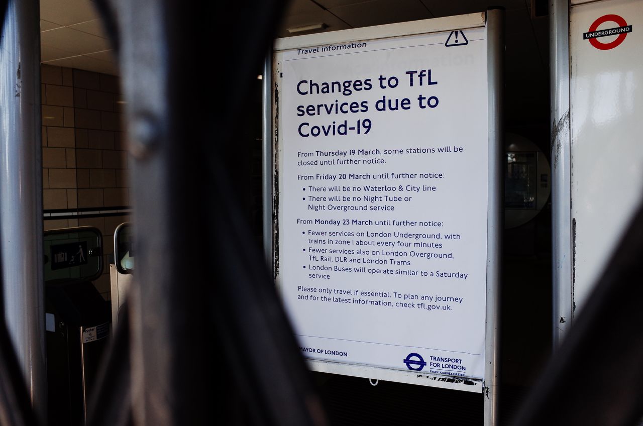 Signs informing passengers of the temporary closure of many stations on the London Underground network stand inside a shuttered Lancaster Gate station in London, England, on Tuesday, March 24.