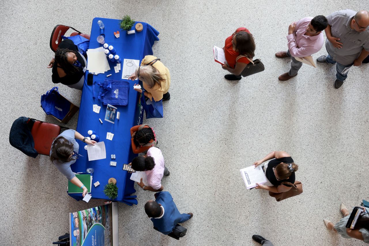 Job seekers attends a job fair held at the Amerant Bank Arena on June 26 in Sunrise, Florida.?