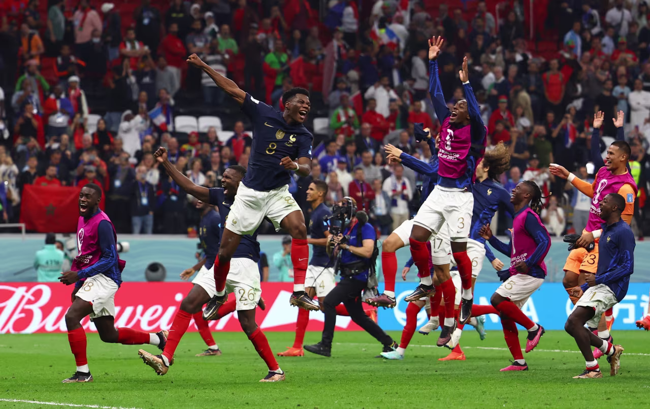 France's team celebrates after the match where they defeated Morocco 2-0 at Al-Bayt Stadium in Al Khor, Qatar on Wednesday.