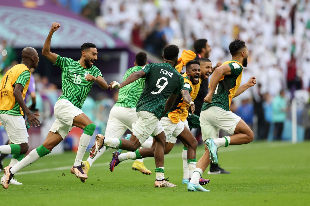 Saudi Arabia players celebrate their 2-1 win against Argentina at Lusail Stadium in Lusail City, Qatar on November 22.
