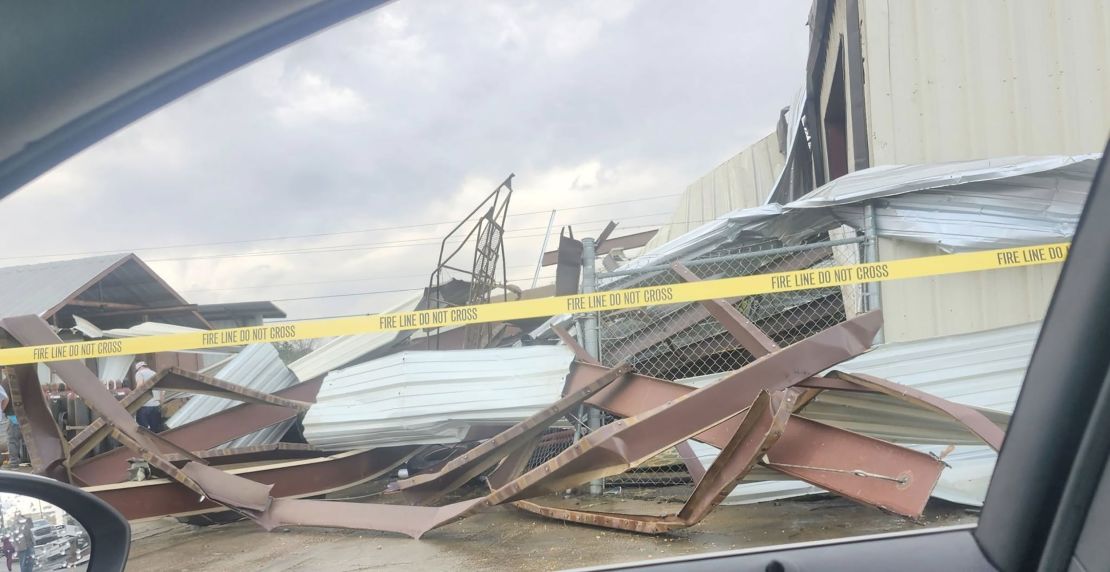 Storm damage from a possible tornado in Columbia, Mississippi.