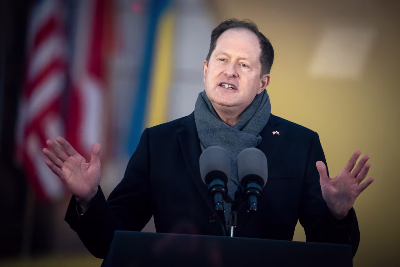 US Ambassador to Poland Mark Brzezinski speaks in Warsaw, Poland, on February 21. 