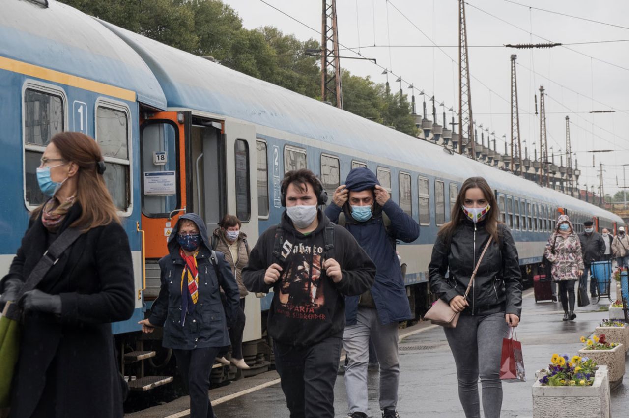 People wearing face masks at a railway station in Budapest, Hungary on October 14.