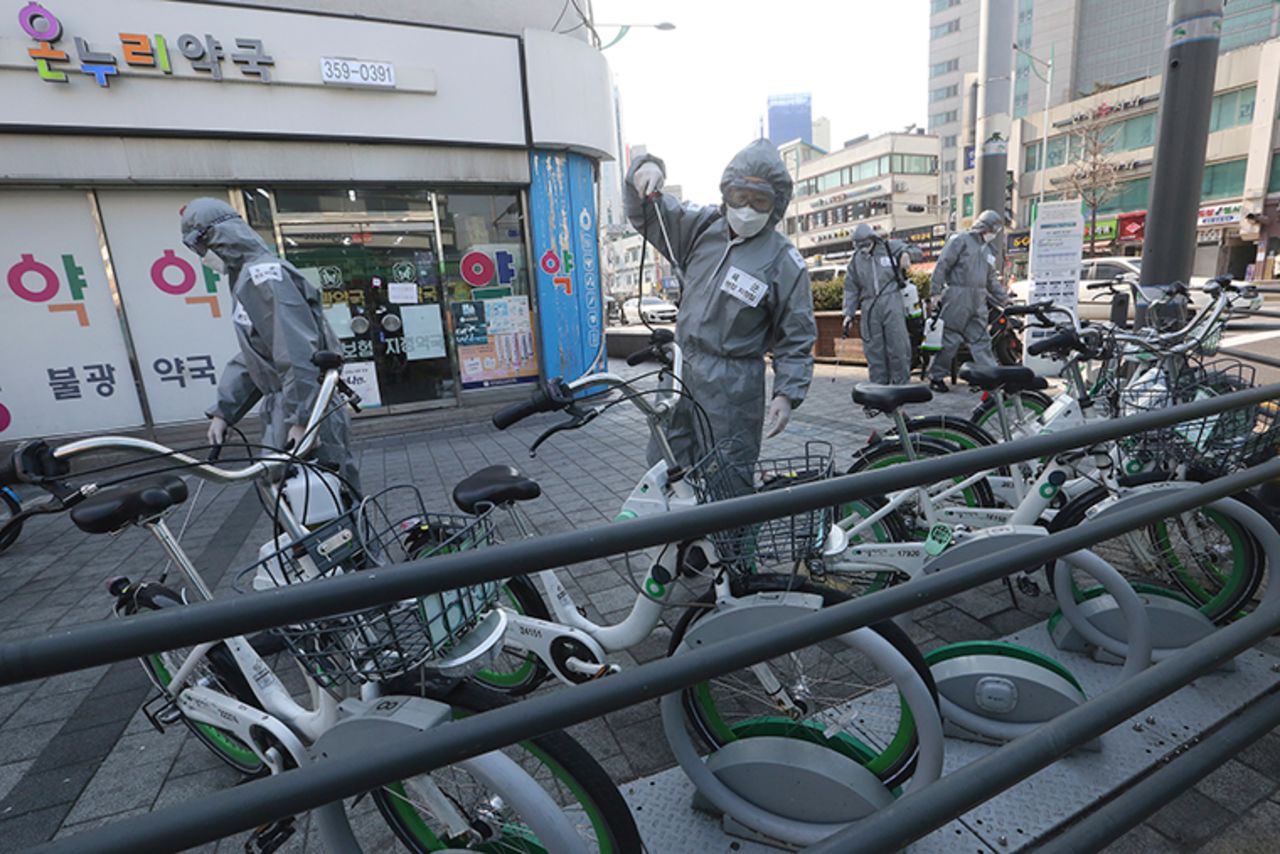 South Korean army soldiers spray disinfectant as a precaution against the new coronavirus on a street in Seoul, South Korea, Friday, March 6.