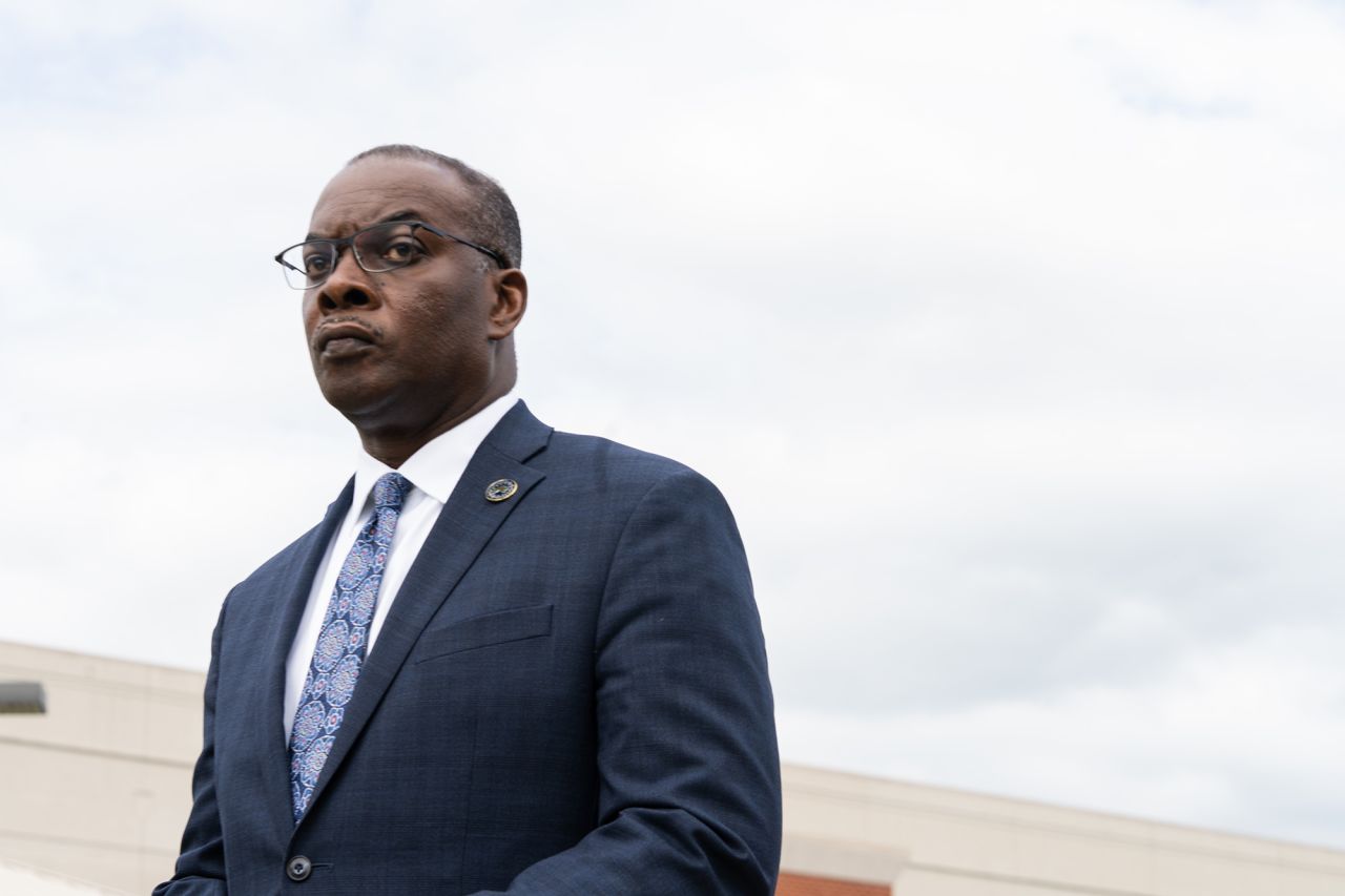 Buffalo Mayor Byron Brown leaves the funeral of Aaron Salter Jr. in Buffalo, New York on May 25. Salter was the security guard and former police officer who was killed during the mass shooting at a Tops supermarket in Buffalo. 