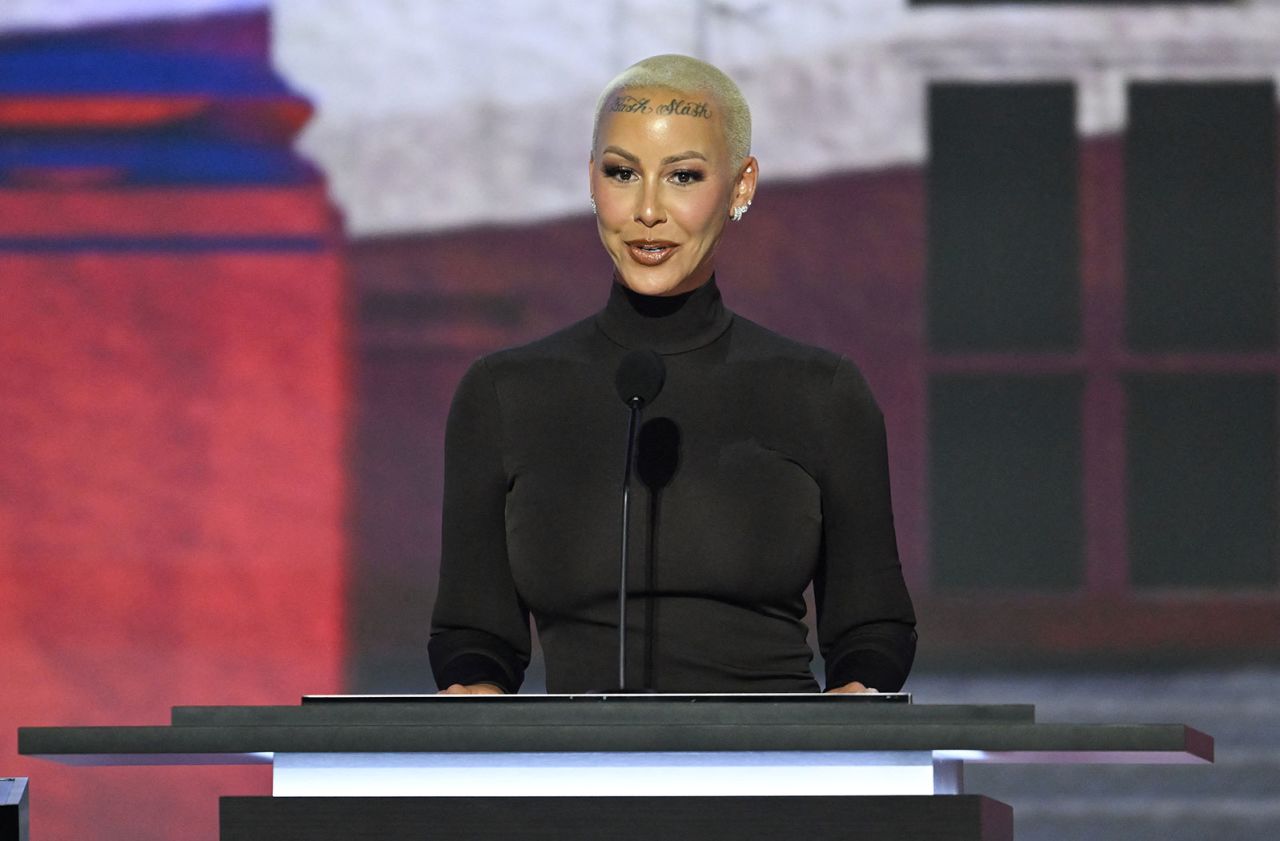 Amber Rose speaks during the first day of the 2024 Republican National Convention on Monday, July 15. 