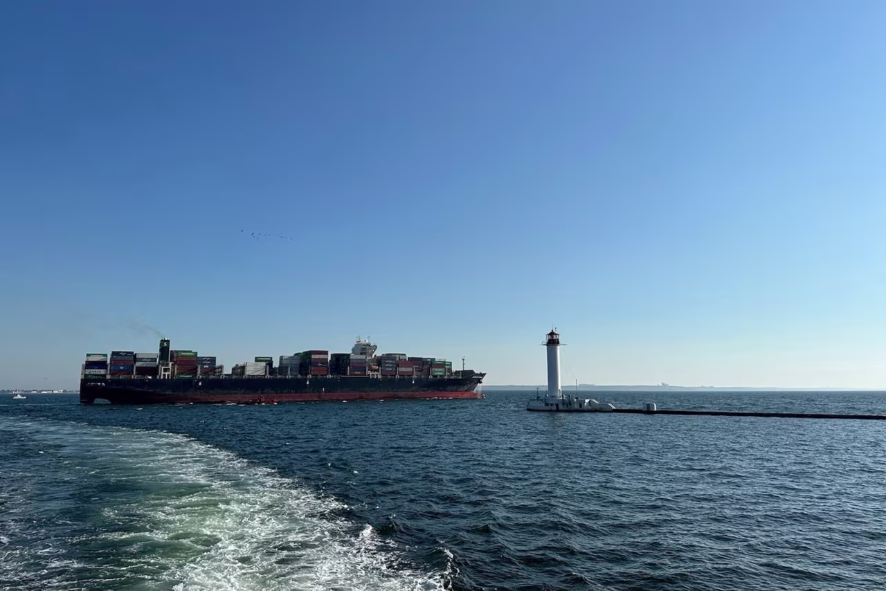 Hong Kong-flagged container ship Joseph Schulte leaves the sea port in Odesa, Ukraine, in this handout picture released on August 16. 