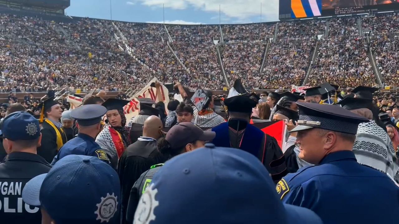 Pro-Palestinian protesters are pictured during the University of Michigan's commencement in Ann Arbor on May 4.