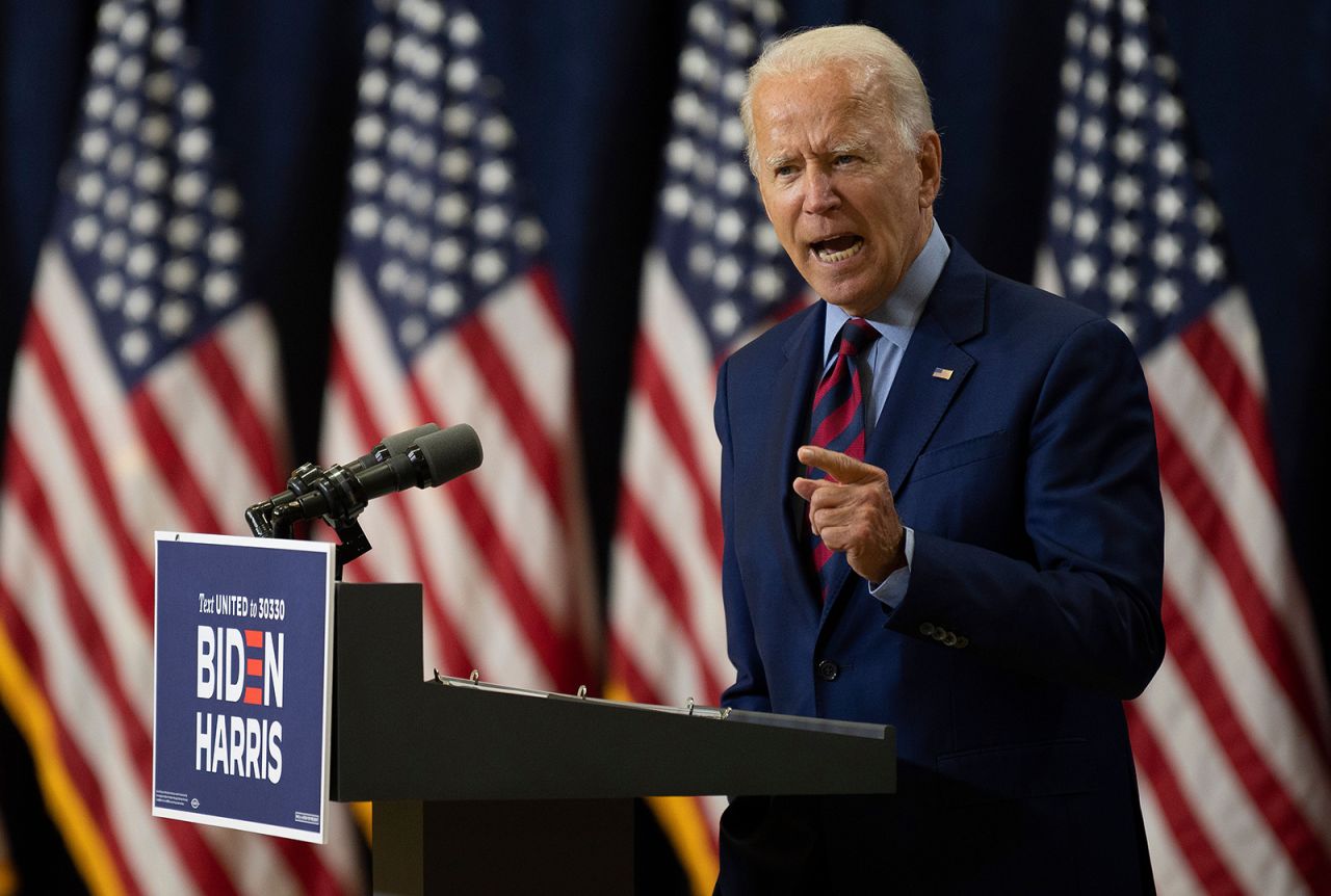 Democratic presidential candidate and former Vice President Joe Biden speaks on the state of the US economy on September 4, in Wilmington, Delaware.