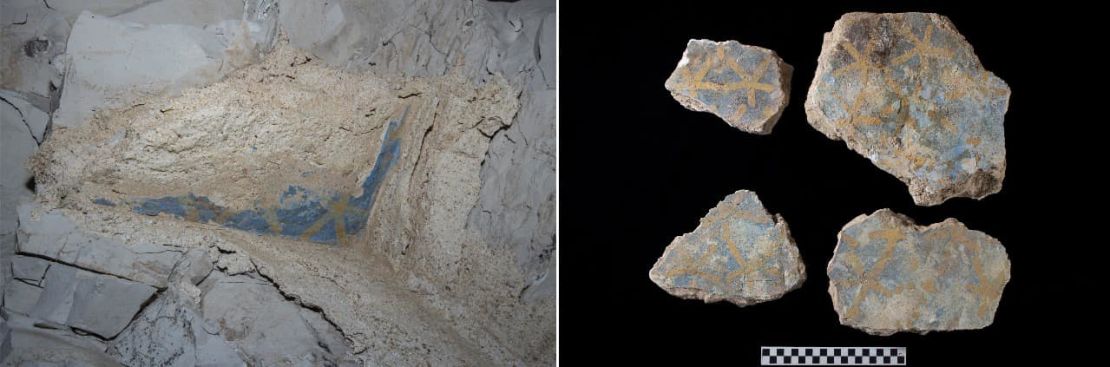 The archaeological team was able to recover fallen plaster fragments in the tomb, including remnants with blue inscriptions and yellow star motifs.