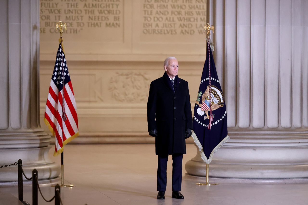 President Joe Biden delivers brief remarks during the Celebrating America program at the Lincoln Memorial on January 20, in Washington.