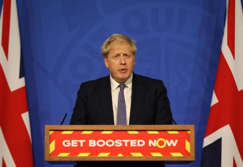Britain's Prime Minister Boris Johnson speaks during a virtual press conference in the Downing Street briefing room in London on January 4.