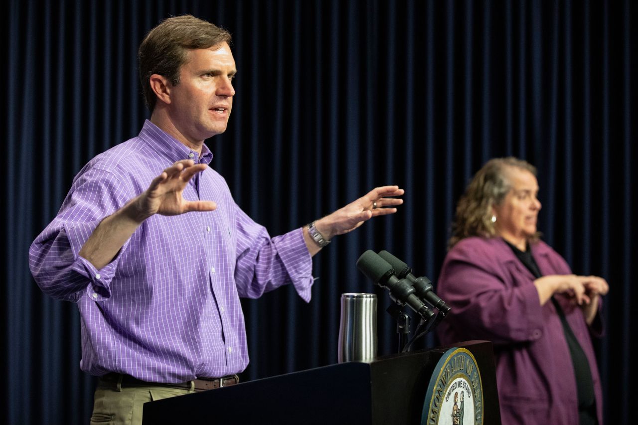 Gov. Andy Beshear speaks during a media conference at the state Capitol in Frankfort, Kentucky on March 29.