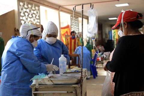 Nurses wearing personal protective equipment (PPE) work at at Regional Hospital of Loreto Felipe Arriola Iglesias in Iquitos, Peru, on May 20.