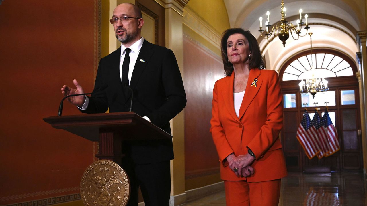 US Speaker of the House, Nancy Pelosi meets with Ukranian Prime Minister Denys Shmyhal, left, on Capitol Hill in Washington, DC, on April 21.
