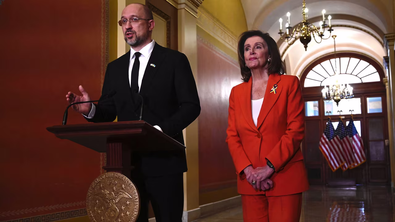 US Speaker of the House, Nancy Pelosi meets with Ukranian Prime Minister Denys Shmyhal, left, on Capitol Hill in Washington, DC, on April 21.