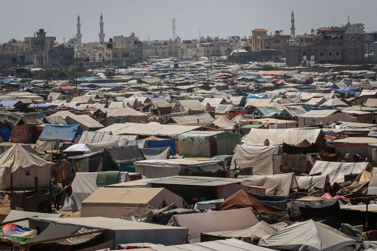 Tents and makeshift structures are erected at a temporary camp for displaced Palestinians in Rafah on May 3.