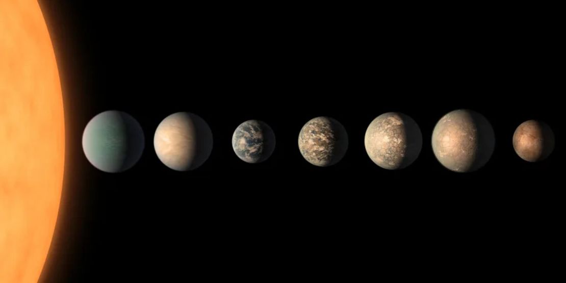 Concepto artístico que muestra el sistema planetario TRAPPIST-1. Los astrónomos creen que tres planetas en el sistema orbitan la estrella en la zona habitable, donde podría haber agua líquida, si esos planetas tienen una atmósfera.