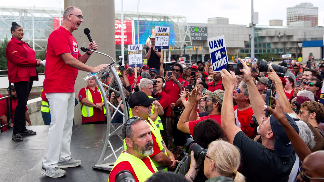 UAW President Shawn Fain speaks at a rally in Detroit on September 15.