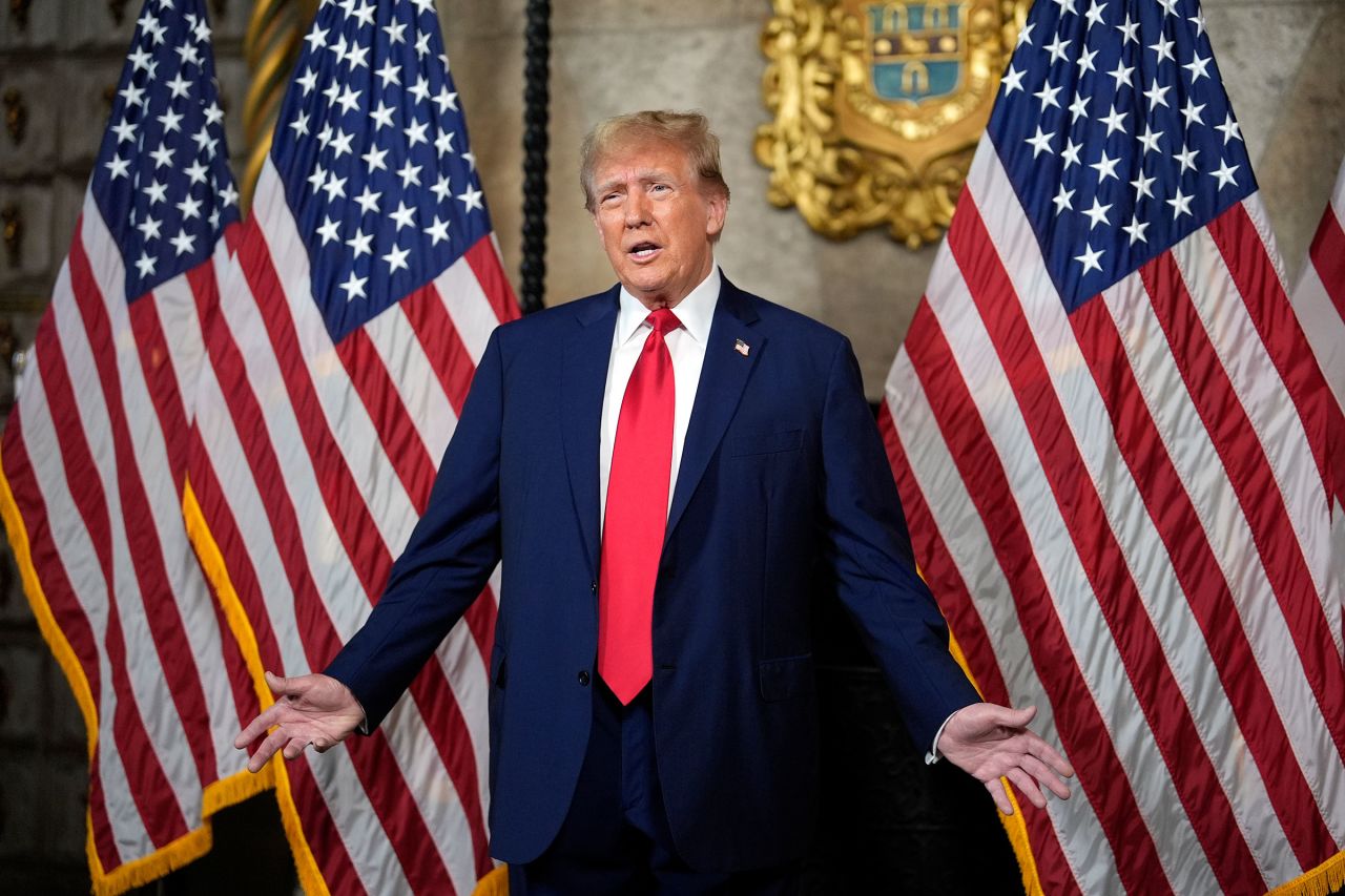 Former President Donald Trump speaks at his Mar-a-Lago estate on Monday in Palm Beach, Florida.