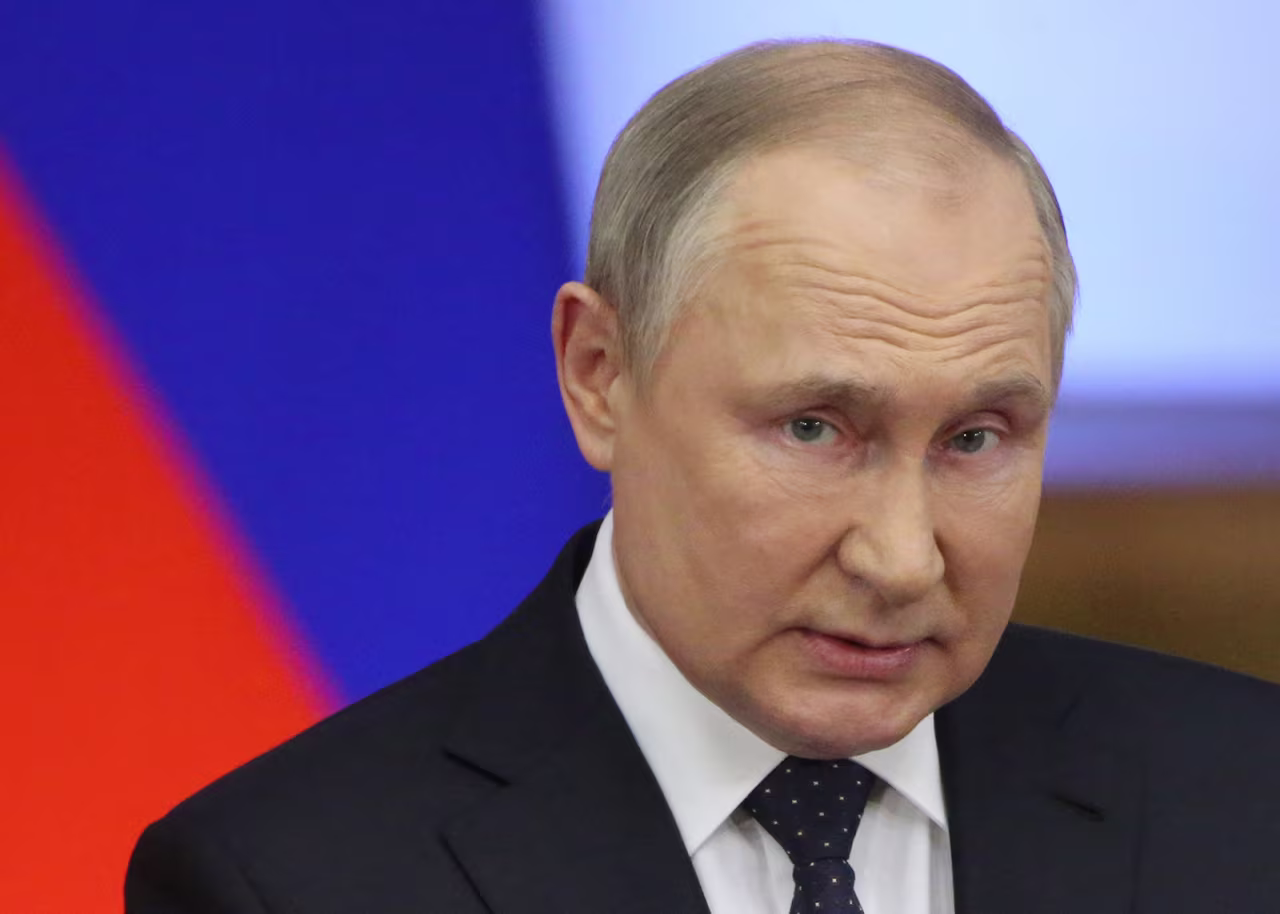 Russian President Vladimir Putin speaks during the Council of Lawmakers at the Tauride Palace, on April 27 in Saint Petersburg, Russia.