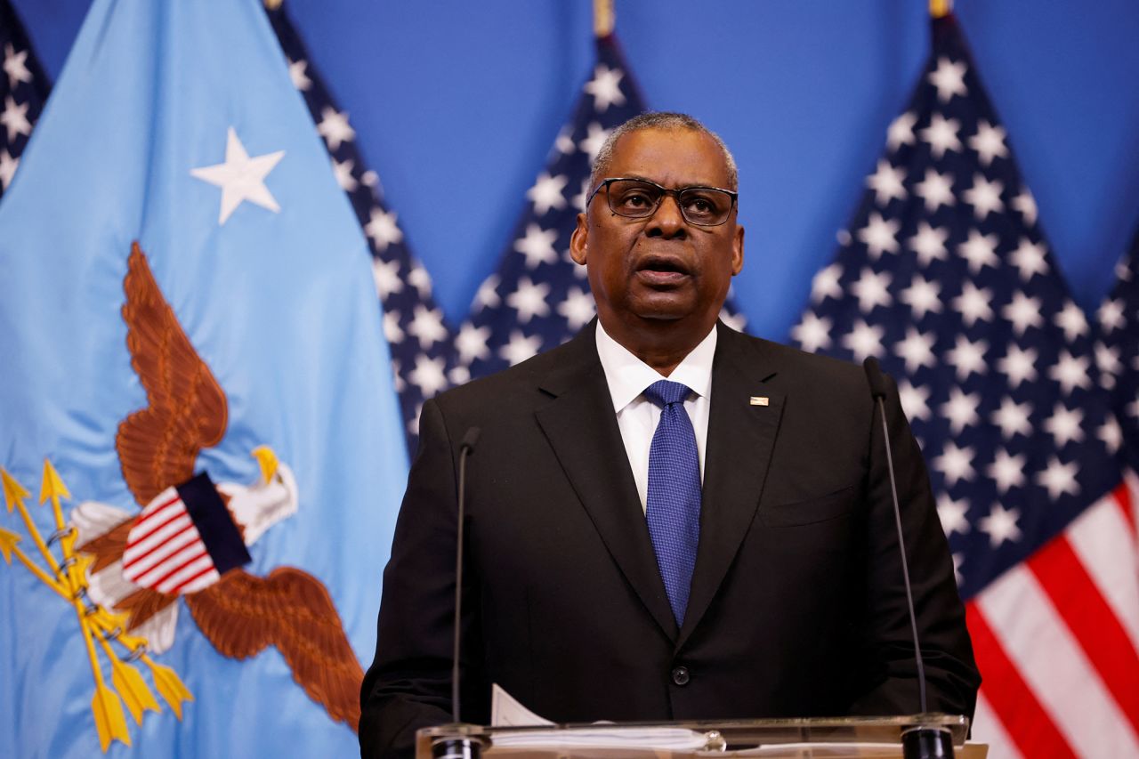 U.S. Secretary of Defense Lloyd Austin speaks during a news conference on the day of the NATO defence ministers' meeting at the Alliance's headquarters in Brussels, Belgium, on February 14.