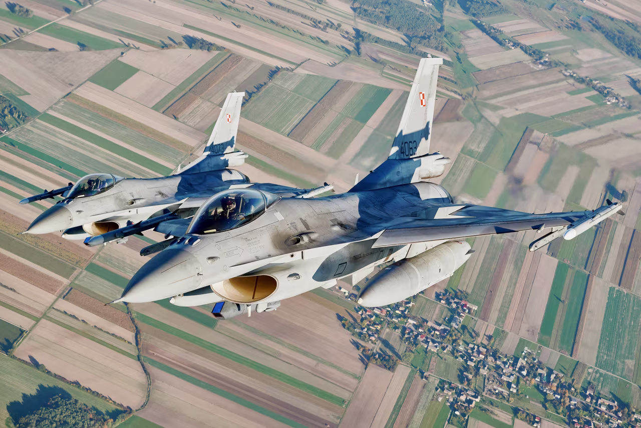 Polish F-16 fighter jets takes part in the NATO Air Shielding exercise near the air base in Lask, Poland, on October 12. 