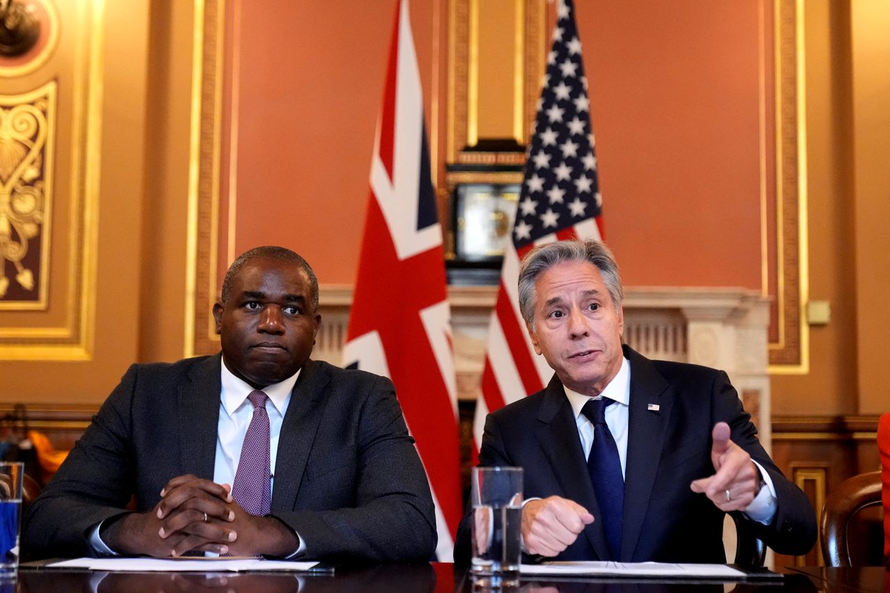 Secretary of State Antony?Blinken, right, gestures with Britain’s Foreign Secretary David Lammy at a meeting in London on Tuesday.