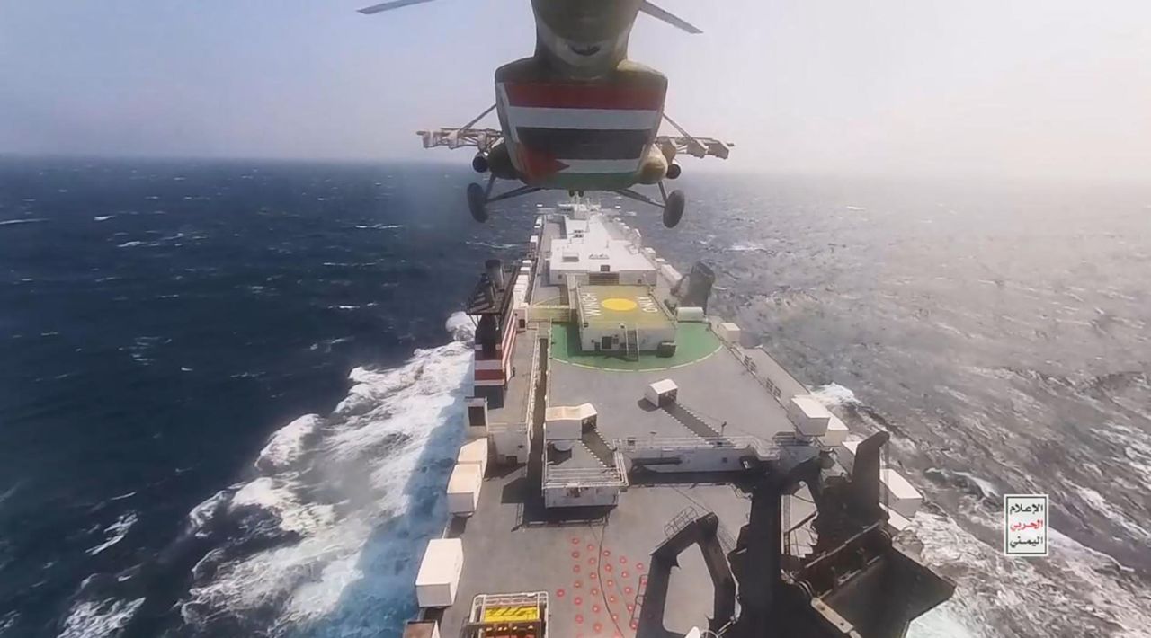 Houthi fighters attack a cargo ship in the Red Sea coast off Hudaydah, Yemen on November 20, 2023.