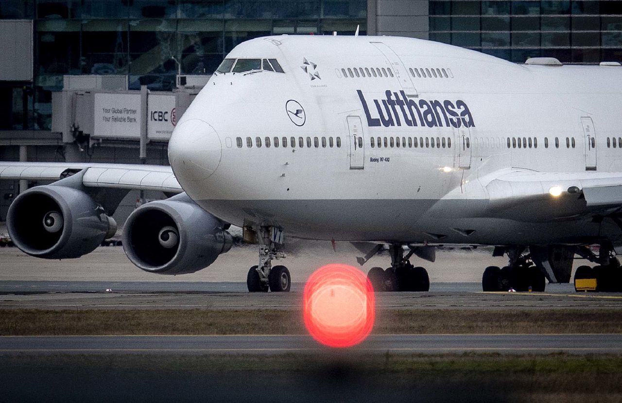 A Lufthansa plane rolls over the runway at an airport in Frankfurt, Germany, on March 1.