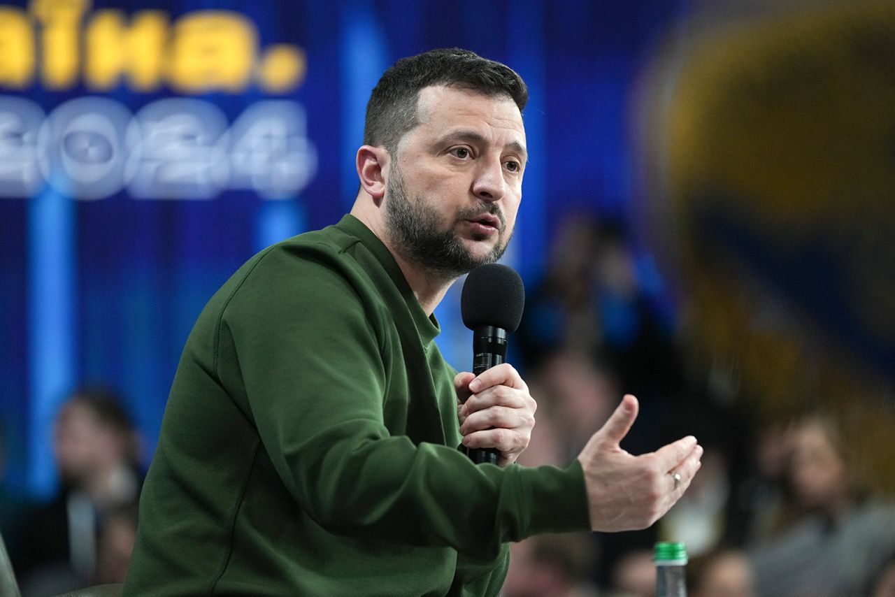 Ukrainian President Volodymyr Zelensky speaks at a press conference in Kyiv, Ukraine, on February 25. 