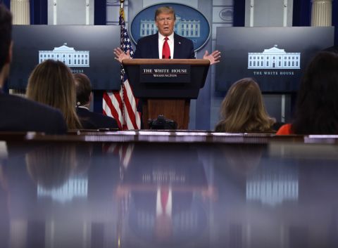 US President Donald Trump speaks during the daily briefing of the White House Coronavirus Task Force at the White House on April 13, in Washington.