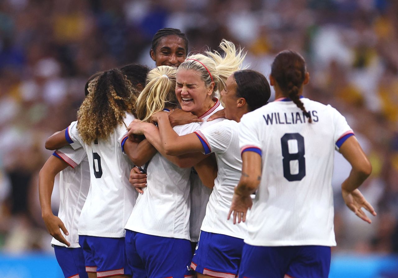 Korbin Albert of United States celebrates scoring their second goal with teammates during the match against Team Australia on July 31.