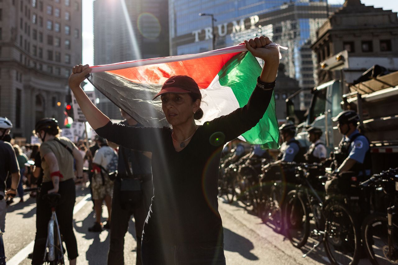 People gather for a Pro-Palestinian protest ahead of the Democratic National Convention on August 18, in Chicago, Illinois.