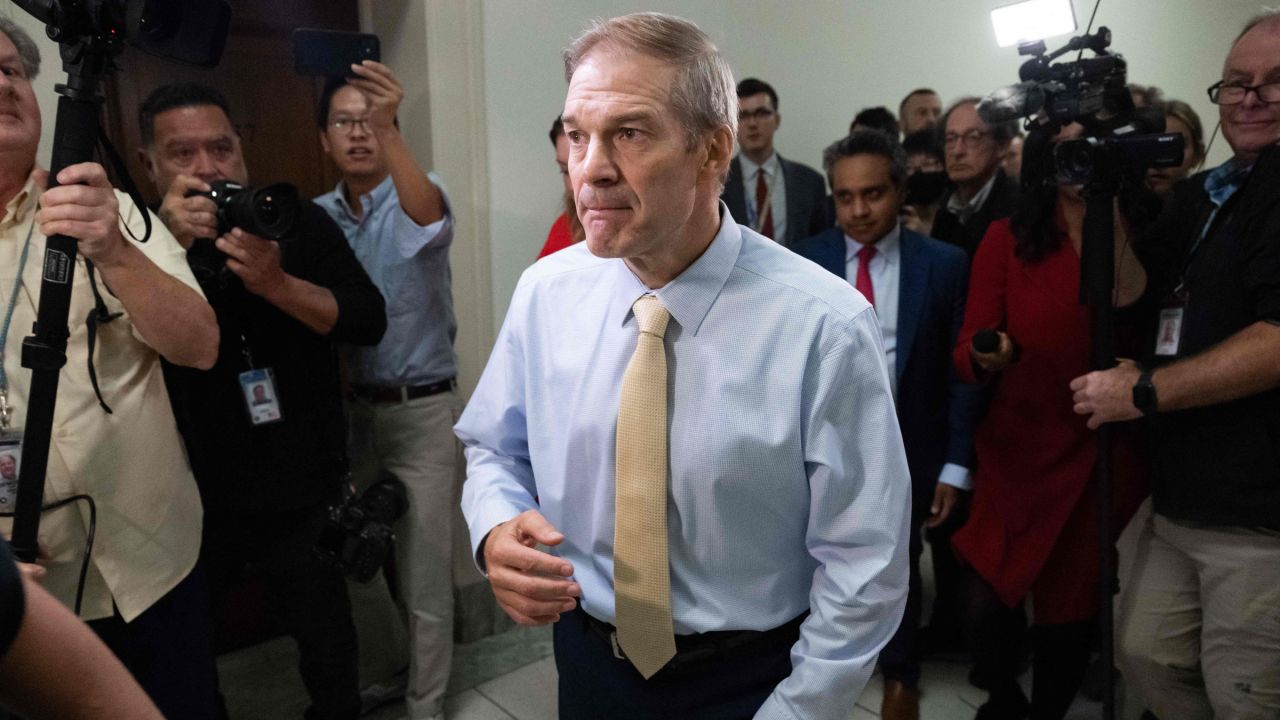 US Rep. Jim Jordan is followed by media members Tuesday on Capitol Hill.