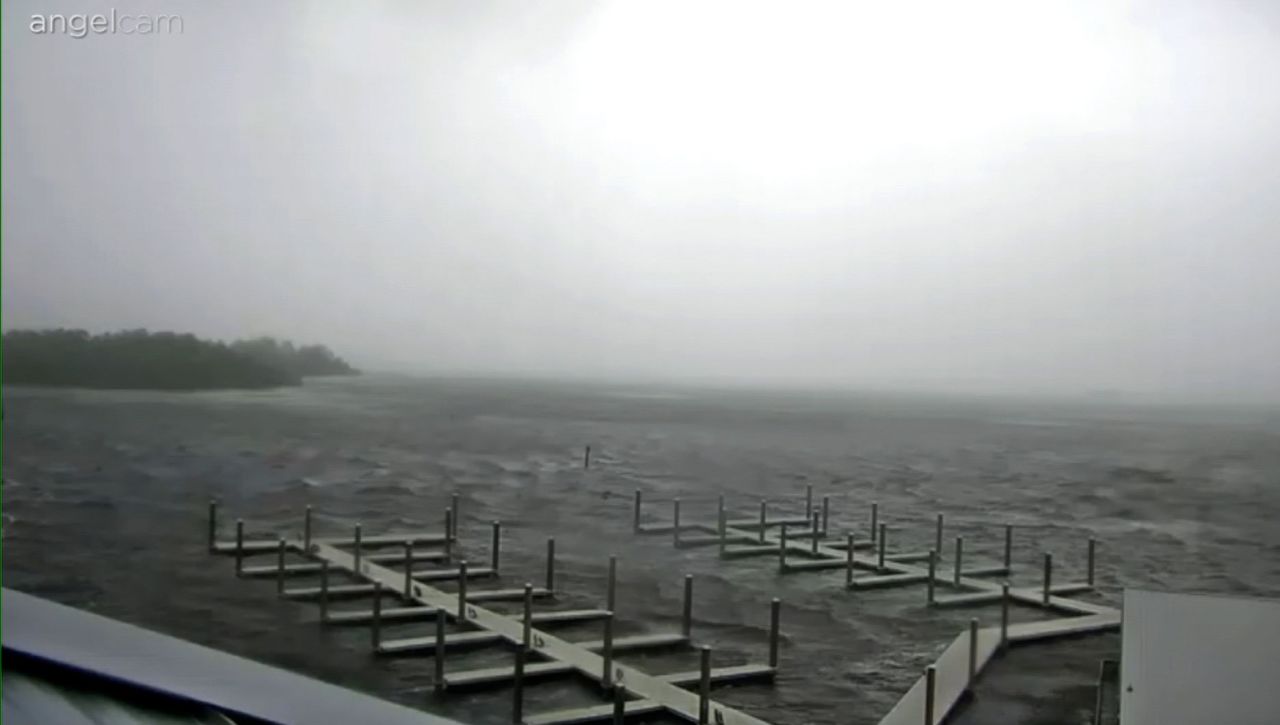 Rain and wind sweep through the Steinhatchee Marina in Steinhatchee, Florida, on Wednesday morning.