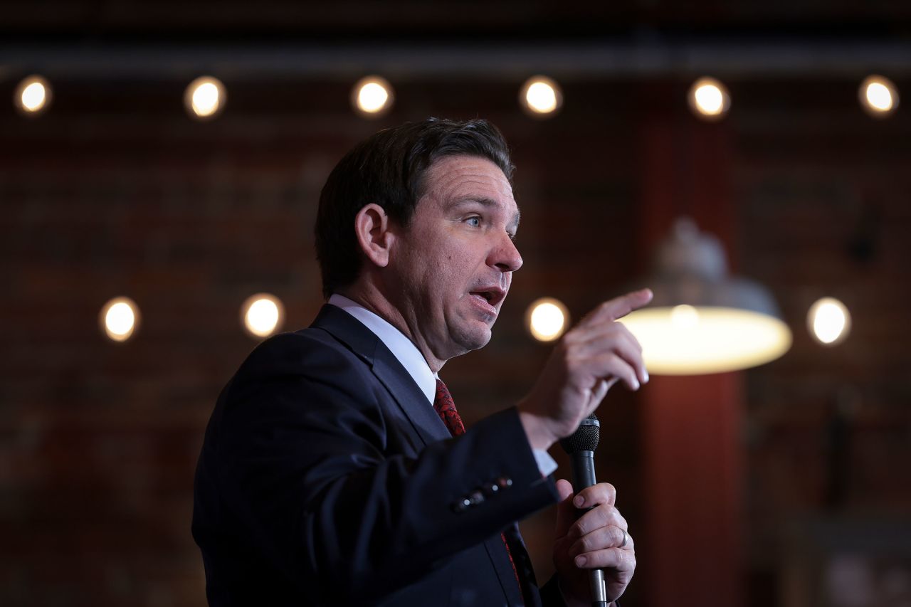 Florida Gov. Ron DeSantis speaks at a campaign event at the Stone Cliff Winery yesterday in Dubuque, Iowa. 