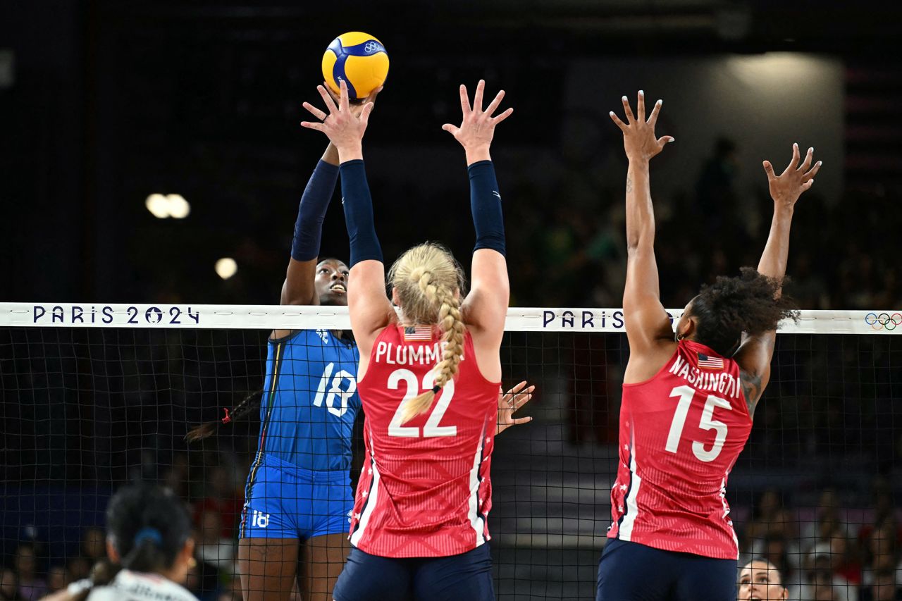 Italy's Paola Egonu hits the ball over the net during the women’s volleyball gold medal match against the USA on August 11. 