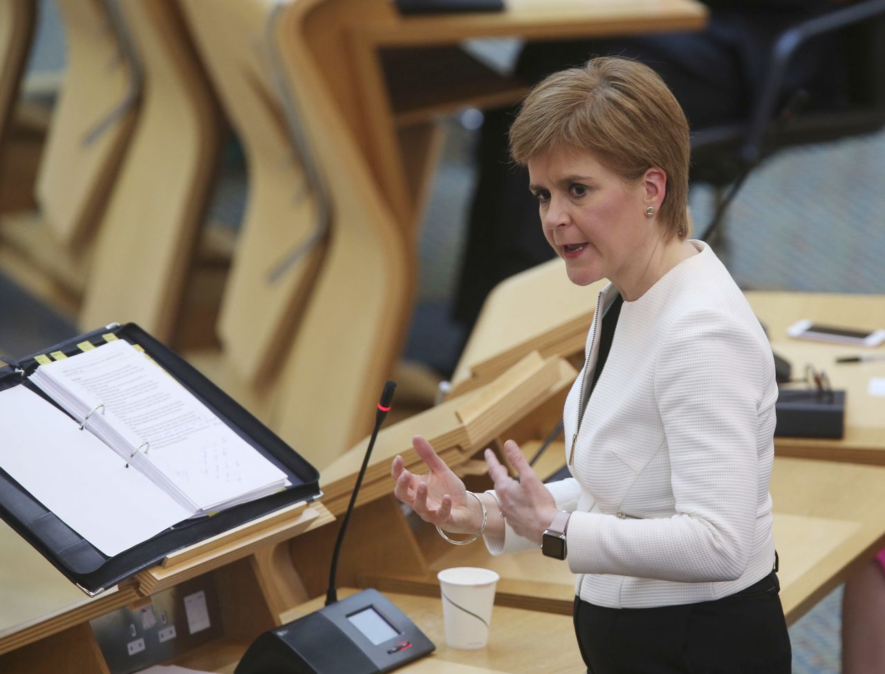 Scotland's First Minister Nicola Sturgeon speaks at the Scottish Parliament in Edinburgh on May 6.?