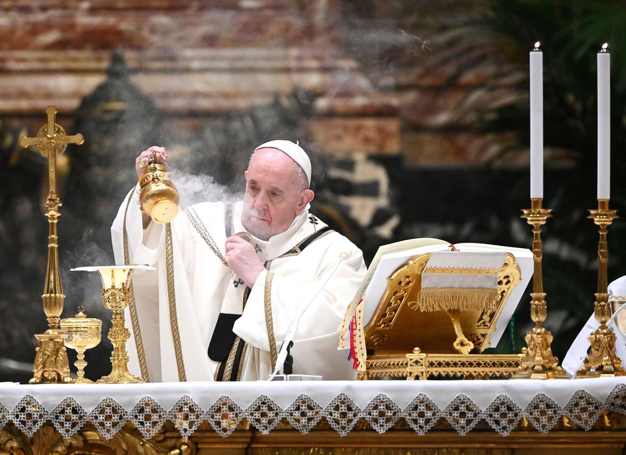 Pope Francis leads a Christmas Eve mass at St. Peter's Basilica in the Vatican on December 24.