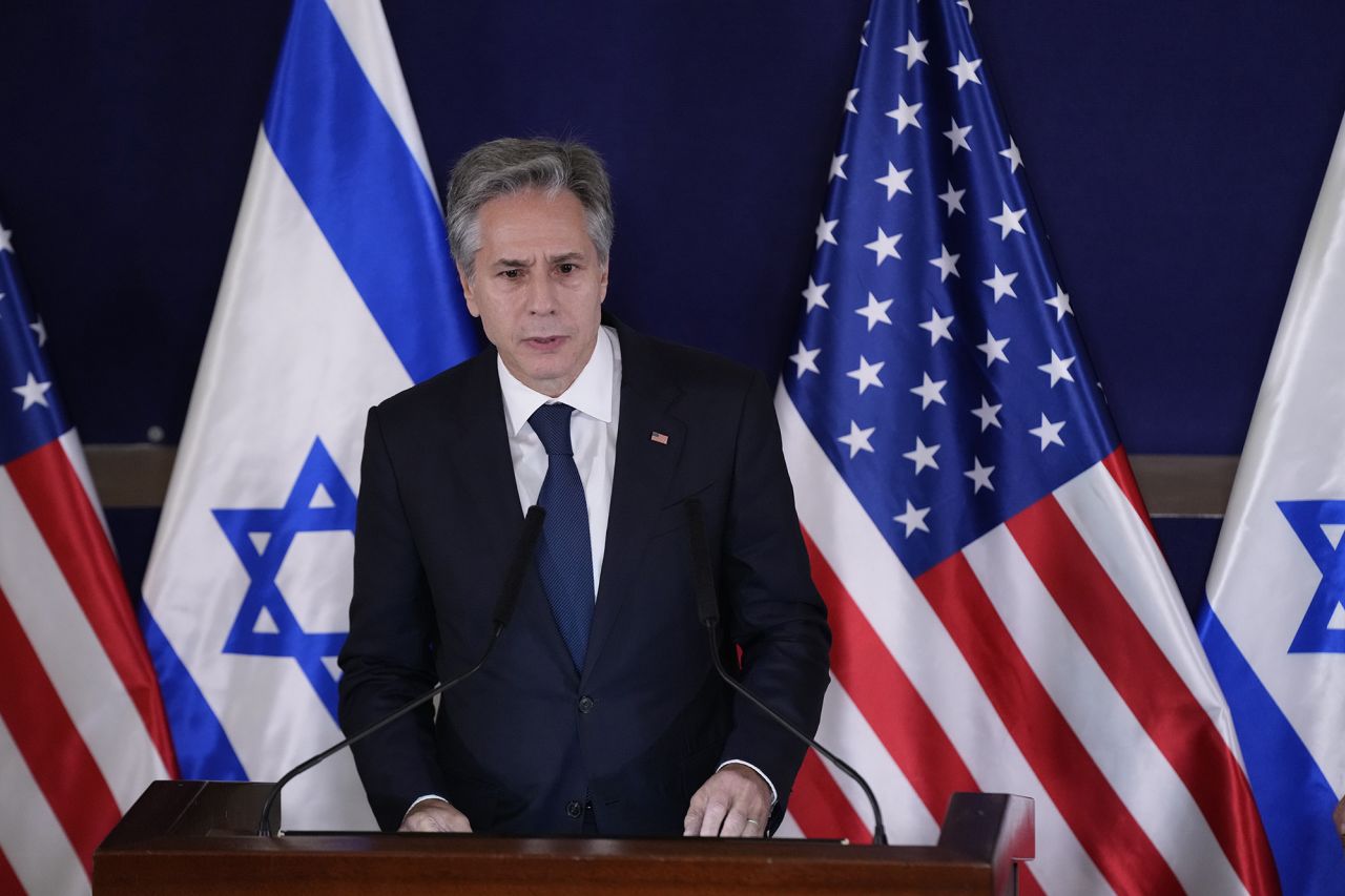 U.S. Secretary of State Antony?Blinken?makes a statement to the media inside The Kirya in Tel Aviv, Israel, on October 12.