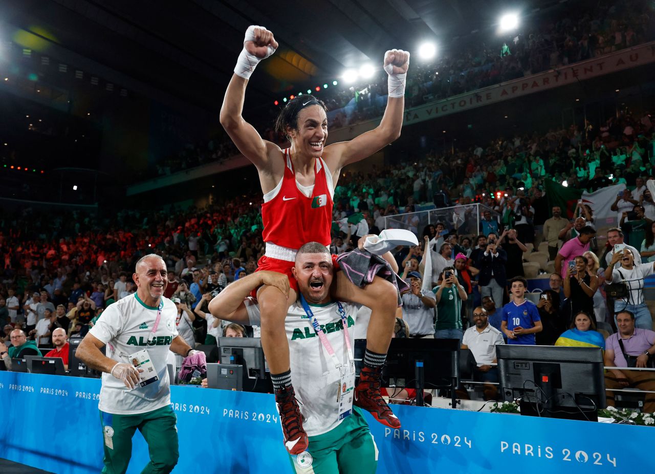 Algeria's Imane Khelif celebrates winning the 66kg welterweight final Friday. 