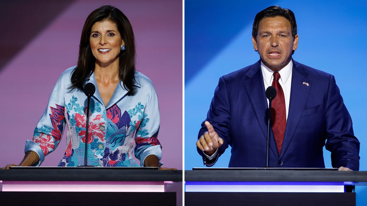 Former UN Ambassador Nikki Haley, left, and Florida Gov. Ron DeSantis on the second day of the Republican National Convention on July 16.