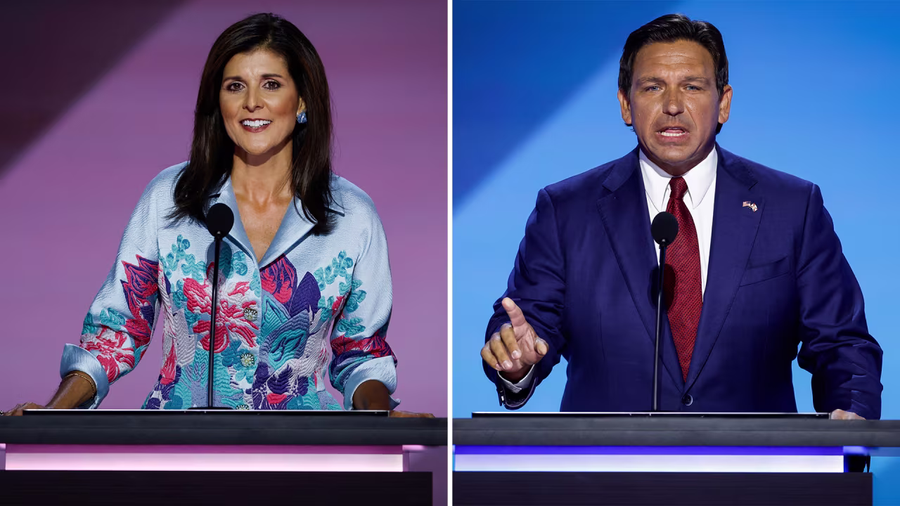 Former UN Ambassador Nikki Haley, left, and Florida Gov. Ron DeSantis on the second day of the Republican National Convention on July 16.
